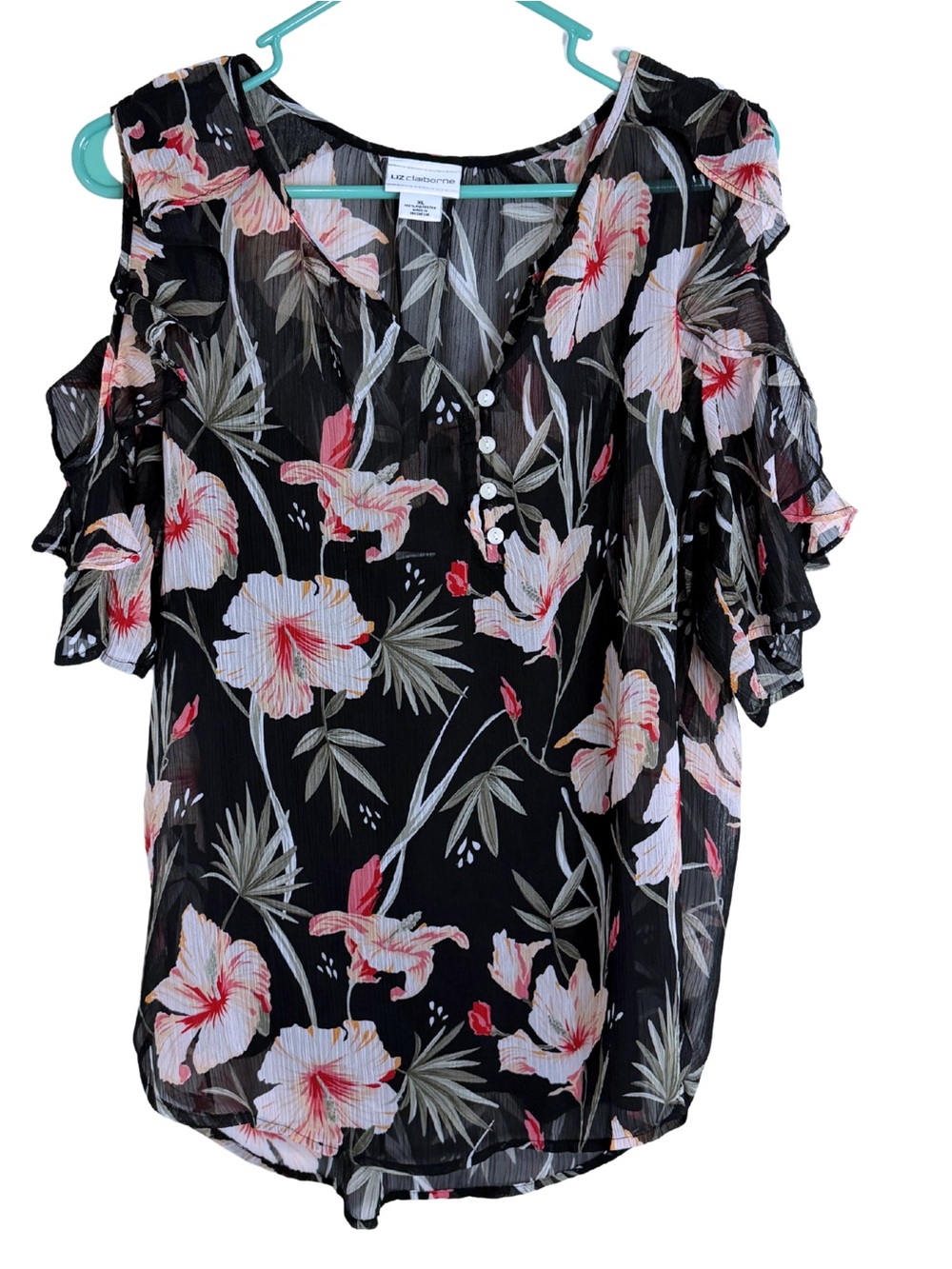 3/$20 Liz Claiborne Floral V-Neck Cold Shoulder Short Sleeve Blouse Size XL